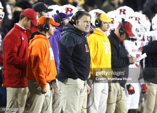 Head coach Greg Schiano of the Rutgers Scarlet Knights during the second half against the Iowa Hawkeyes at Kinnick Stadium on November 11, 2023 in...