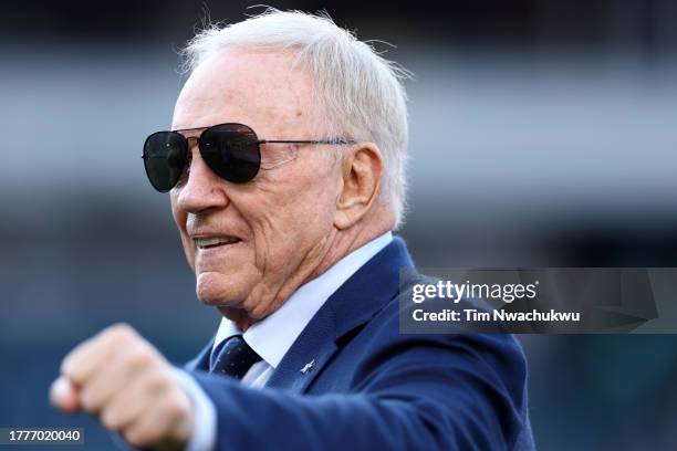 Owner Jerry Jones of the Dallas Cowboys reacts during the first half in the game against the Philadelphia Eagles at Lincoln Financial Field on...