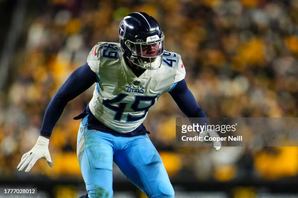 Arden Key of the Tennessee Titans rushes the passer during an NFL football game against the Pittsburgh Steelers at Acrisure Stadium on November 2,...