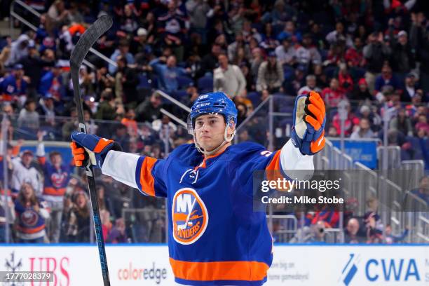 Alexander Romanov of the New York Islanders celebrates after scoring a goal against the Washington Capitals during the first period at UBS Arena on...