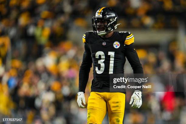 Keanu Neal of the Pittsburgh Steelers looks on from the field during an NFL football game against the Tennessee Titans at Acrisure Stadium on...