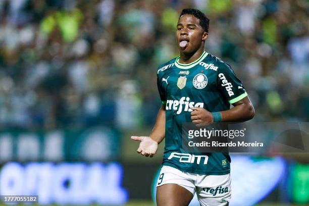 Endrick of Palmeiras celebrates after scoring the second goal of his team during the match between Palmeiras and Internacional as part of Brasileirao...