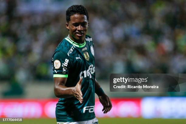 Endrick of Palmeiras celebrates after scoring the second goal of his team during the match between Palmeiras and Internacional as part of Brasileirao...