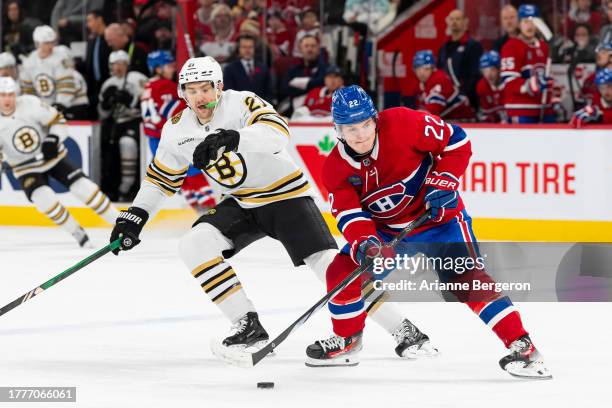 Cole Caufield of the Montreal Canadiens skates with the puck during the first period of the NHL regular season game between the Boston Bruins and the...