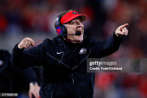 Head coach Kirby Smart of the Georgia Bulldogs reacts during the first quarter against the Mississippi Rebels at Sanford Stadium on November 11, 2023...