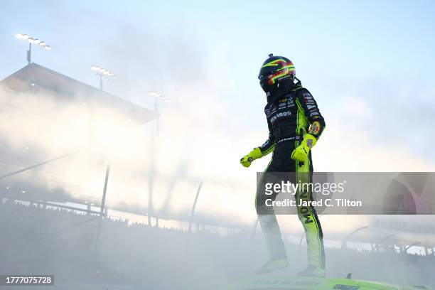 Ryan Blaney, driver of the Menards/Dutch Boy Ford, celebrates after winning the 2023 NASCAR Cup Series Championship, finishing first of the...