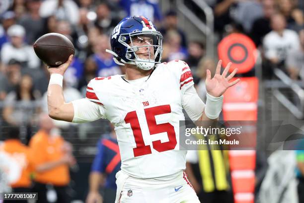 Tommy DeVito of the New York Giants throws a pass in the third quarter of a game against the Las Vegas Raiders at Allegiant Stadium on November 05,...