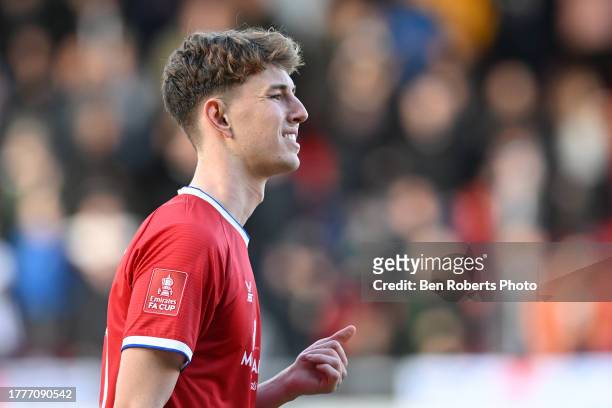 Joe White of Crewe Alexandra during the Emirates FA Cup First Round match between Crewe Alexandra and Derby County at Mornflake Stadium on November...