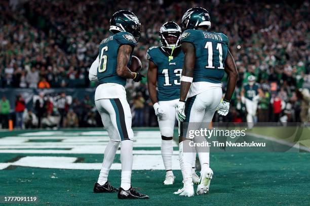 DeVonta Smith of the Philadelphia Eagles celebrates after a touchdown with Olamide Zaccheaus during the third quarter in the game against the Dallas...