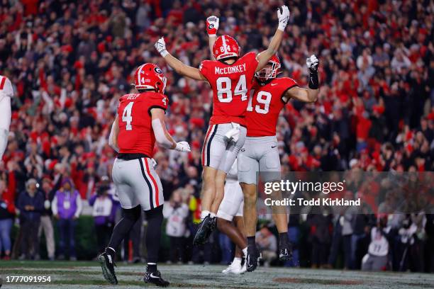 Ladd McConkey of the Georgia Bulldogs reacts after a touchdown during the first quarter against the Mississippi Rebels at Sanford Stadium on November...