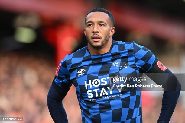 Nathaniel Mendez-Laing of Derby County during the Emirates FA Cup First Round match between Crewe Alexandra and Derby County at Mornflake Stadium on...