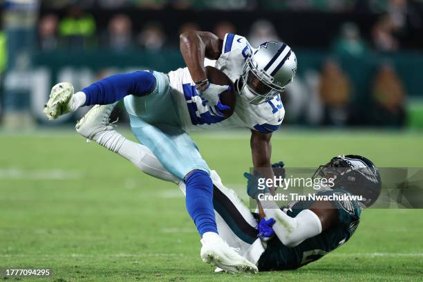 Michael Gallup of the Dallas Cowboys is tackled by James Bradberry of the Philadelphia Eagles during the third quarter at Lincoln Financial Field on...