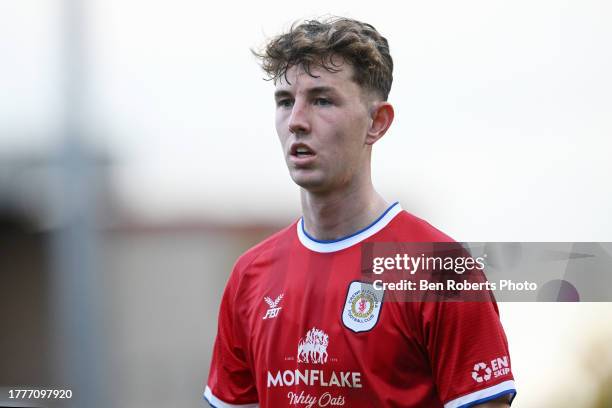 Joe White of Crewe Alexandra during the Emirates FA Cup First Round match between Crewe Alexandra and Derby County at Mornflake Stadium on November...