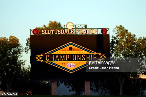 General view of the scoreboard with the Arizona Fall League Championship Game logo on display prior to the 2023 Arizona Fall League Championship Game...