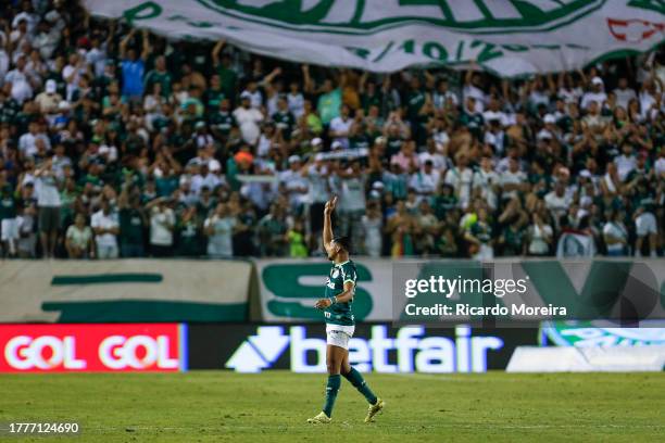 Rony of Palmeiras celebrates after scoring the third goal of his team during the match between Palmeiras and Internacional as part of Brasileirao...