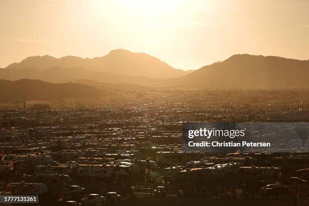 General view of campers setup in the parking area outside the NASCAR Cup Series Championship at Phoenix Raceway on November 05, 2023 in Avondale,...