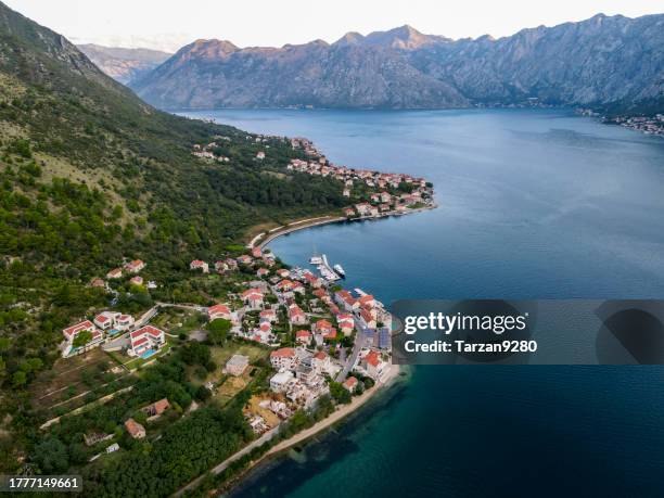 small town on the coast of kotor bay,  adriatic sea - urban tarzan stock pictures, royalty-free photos & images