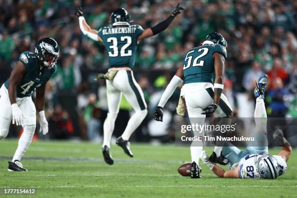 Zach Cunningham of the Philadelphia Eagles reacts after hitting Jake Ferguson of the Dallas Cowboys during the third quarter at Lincoln Financial...