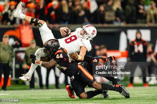 Linebacker Melvin Jordan IV of the Oregon State Beavers tackles quarterback Justin Lamson of the Stanford Cardinals during the second half of the...