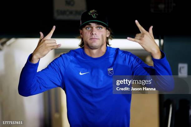 Beck Way of the Surprise Saguaros poses for a photo in the dugout prior to the 2023 Arizona Fall League Championship Game between the Peoria...