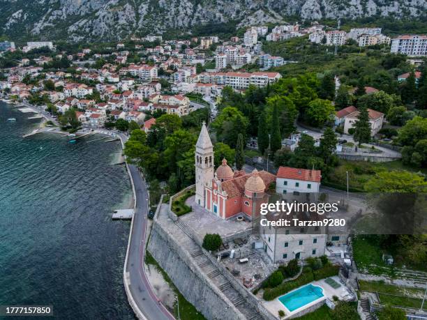 small town on the coast of kotor bay, adriatic sea - urban tarzan stock pictures, royalty-free photos & images