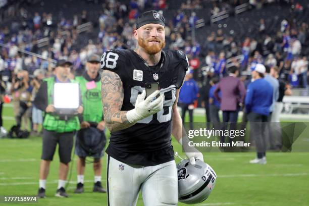 Maxx Crosby of the Las Vegas Raiders runs off the field after the Raiders defeated the New York Giants 30-6 at Allegiant Stadium on November 05, 2023...