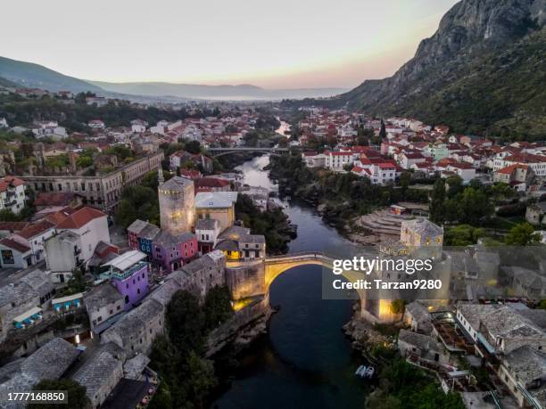 aerial view of mostar in early morning - eastern europe stock pictures, royalty-free photos & images