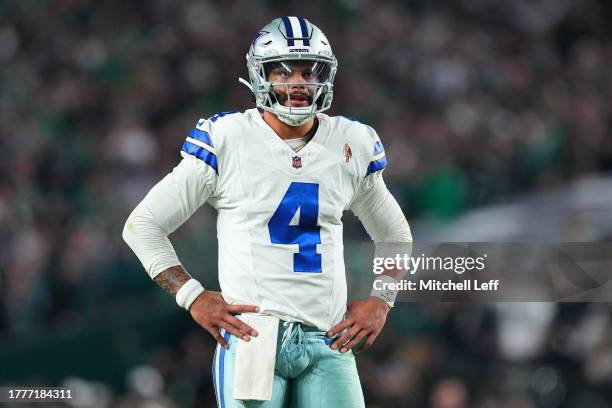Dak Prescott of the Dallas Cowboys looks on during the second half against the Philadelphia Eagles at Lincoln Financial Field on November 05, 2023 in...