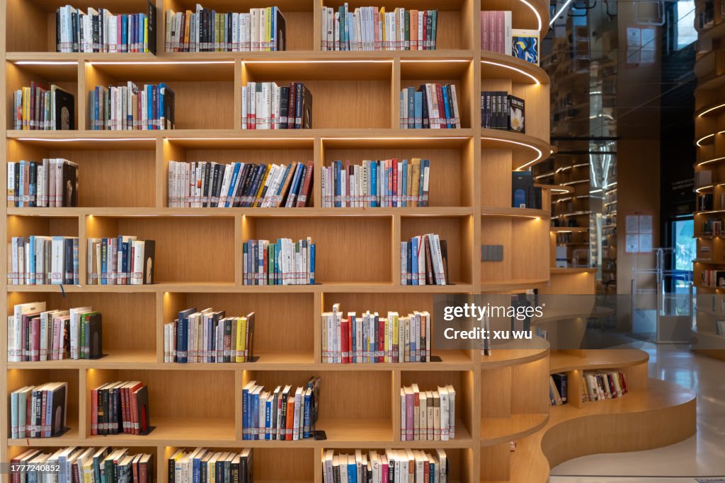 Interior space, rows of bookcases in the library