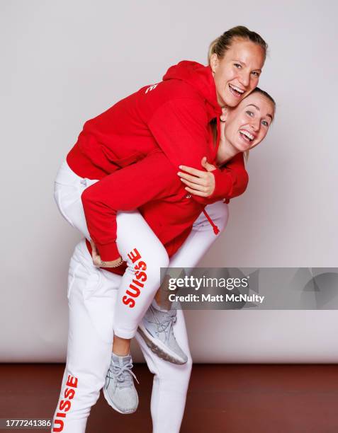 Viktorija Golubic and Jil Teichmann of Team Switzerland pose for a portrait prior to the Billie Jean King Cup Finals at Estadio de La Cartuja on...