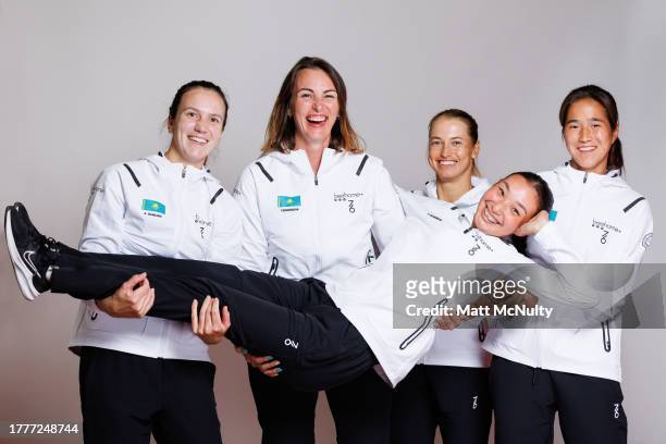Anna Danilina, Zhibek Kulambayeva, Yaroslava Shvedova , Yulia Putintseva and Aruzhan Sagandikova of Team Kazakhstan pose for a portrait prior to the...