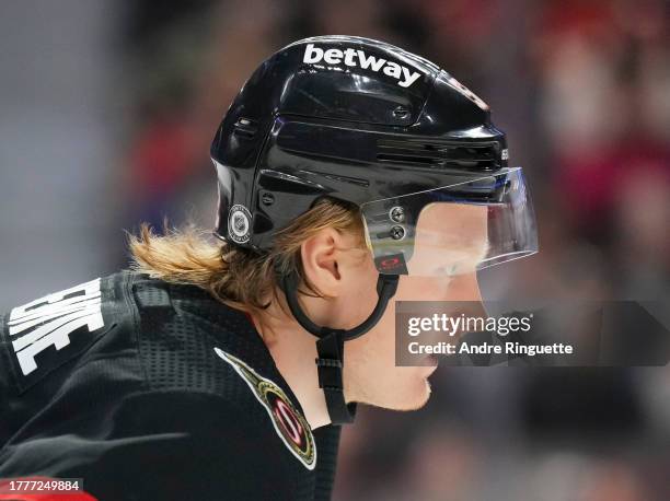 Roby Jarventie of the Ottawa Senators looks on during a game against the Calgary Flames at Canadian Tire Centre on November 11, 2023 in Ottawa,...