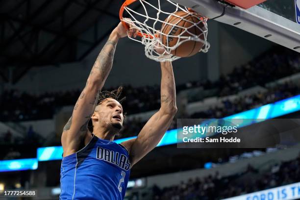 Dereck Lively II of the Dallas Mavericks dunks the ball during the first half against the Charlotte Hornets at American Airlines Center on November...