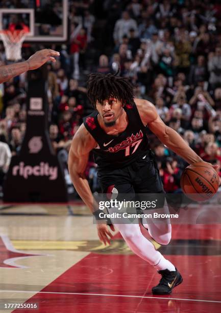 Shaedon Sharpe of the Portland Trail Blazers handles the ball during the game against the Memphis Grizzlies during the In-Season Tournament on...