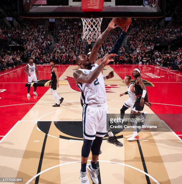 Xavier Tillman of the Memphis Grizzlies drives to the basket during the game against the Portland Trail Blazers during the In-Season Tournament on...