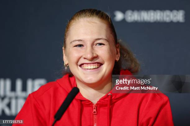 Celine Naef of Team Switzerland speaks to the media during a press conference prior to the Billie Jean King Cup Finals at Estadio de La Cartuja on...