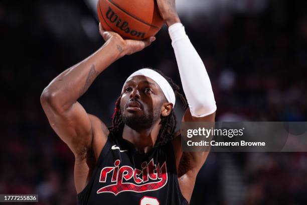 Jerami Grant of the Portland Trail Blazers free throw against the Memphis Grizzlies during the In-Season Tournament on November 3, 2023 at the...