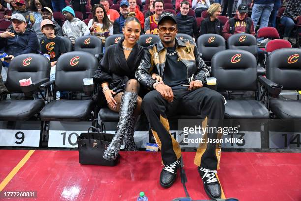Jilly Anais and Deshaun Watson of the Cleveland Browns pose for a photo prior to the game between the Cleveland Cavaliers and the Golden State...