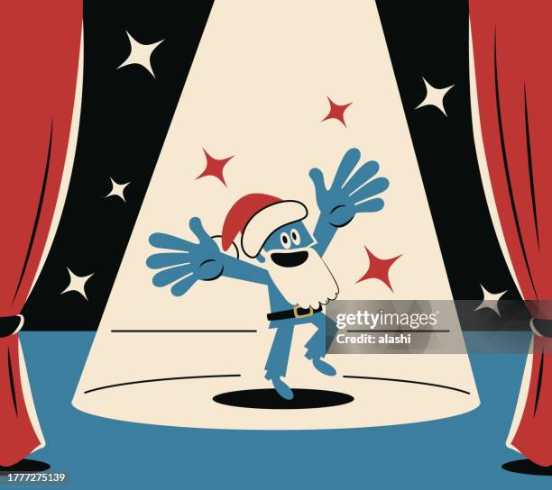 glücklicher blauer weihnachtsmann, der alle segnet und mit einem scheinwerfer auf der bühne tanzt - tache sang stock-grafiken, -clipart, -cartoons und -symbole