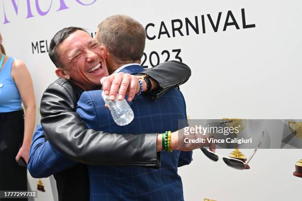 Champion jockeys Frankie Dettori and Damien Oliver are seen during a 2023 Melbourne Cup Preview at Pétanque Social, Crown Riverwalk on November 06,...