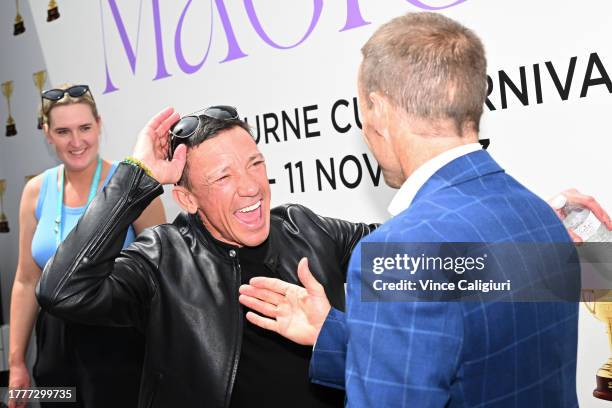 Champion jockeys Frankie Dettori and Damien Oliver are seen during a 2023 Melbourne Cup Preview at Pétanque Social, Crown Riverwalk on November 06,...