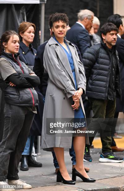 Actress Britne Oldford is seen on the set of Martin Scorsese's Squarespace commercial on Wall Street on November 05, 2023 in New York City.