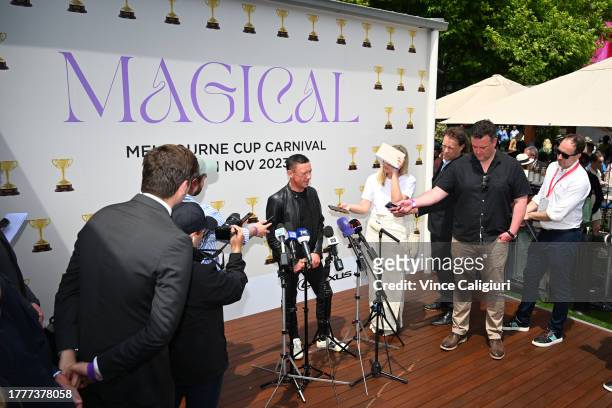 Champion jockey Frankie Dettori is seen during a 2023 Melbourne Cup Preview at Pétanque Social, Crown Riverwalk on November 06, 2023 in Melbourne,...