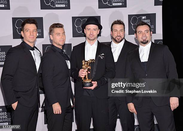Chasez, Lance Bass, Justin Timberlake, Joey Fatone and Chris Kirkpatrick of 'N Sync attend the 2013 MTV Video Music Awards at the Barclays Center on...