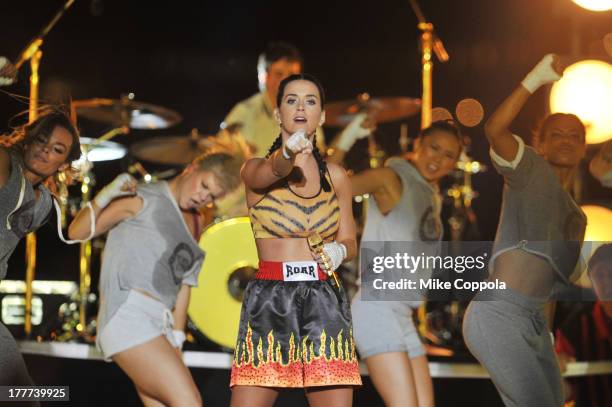 Musician Katy Perry performs during the 2013 MTV Video Music Awards in Empire-Fulton Ferry Park on August 25, 2013 in the Brooklyn borough of New...