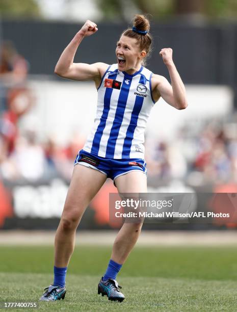 Tahlia Randall of the Kangaroos celebrates a goal during the 2023 AFLW Second Qualifying Final match between The Melbourne Demons and The North...