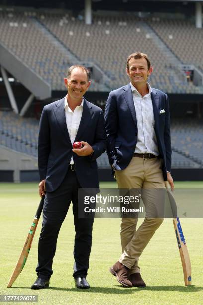 Justin Langer and Adam Gilchrist pose during the Cricket Australia 'The West Test' Launch at Perth Stadium on November 06, 2023 in Perth, Australia.