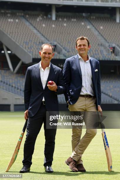 Justin Langer and Adam Gilchrist pose during the Cricket Australia 'The West Test' Launch at Perth Stadium on November 06, 2023 in Perth, Australia.