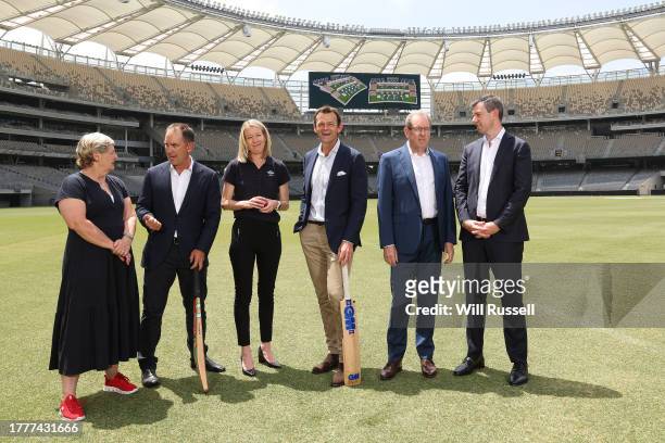 Pictured is WA cricket legends Adam Gilchrist and Justin Langer, CA GM Events and Operations Joel Morrison, WA Cricket CEO Christina Matthews, Perth...