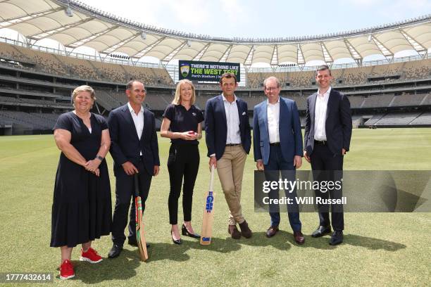 Pictured is WA cricket legends Adam Gilchrist and Justin Langer, CA GM Events and Operations Joel Morrison, WA Cricket CEO Christina Matthews, Perth...